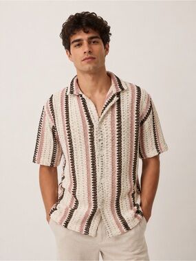 Pink, Brown & Cream Striped Knit Short-Sleeve Shirt